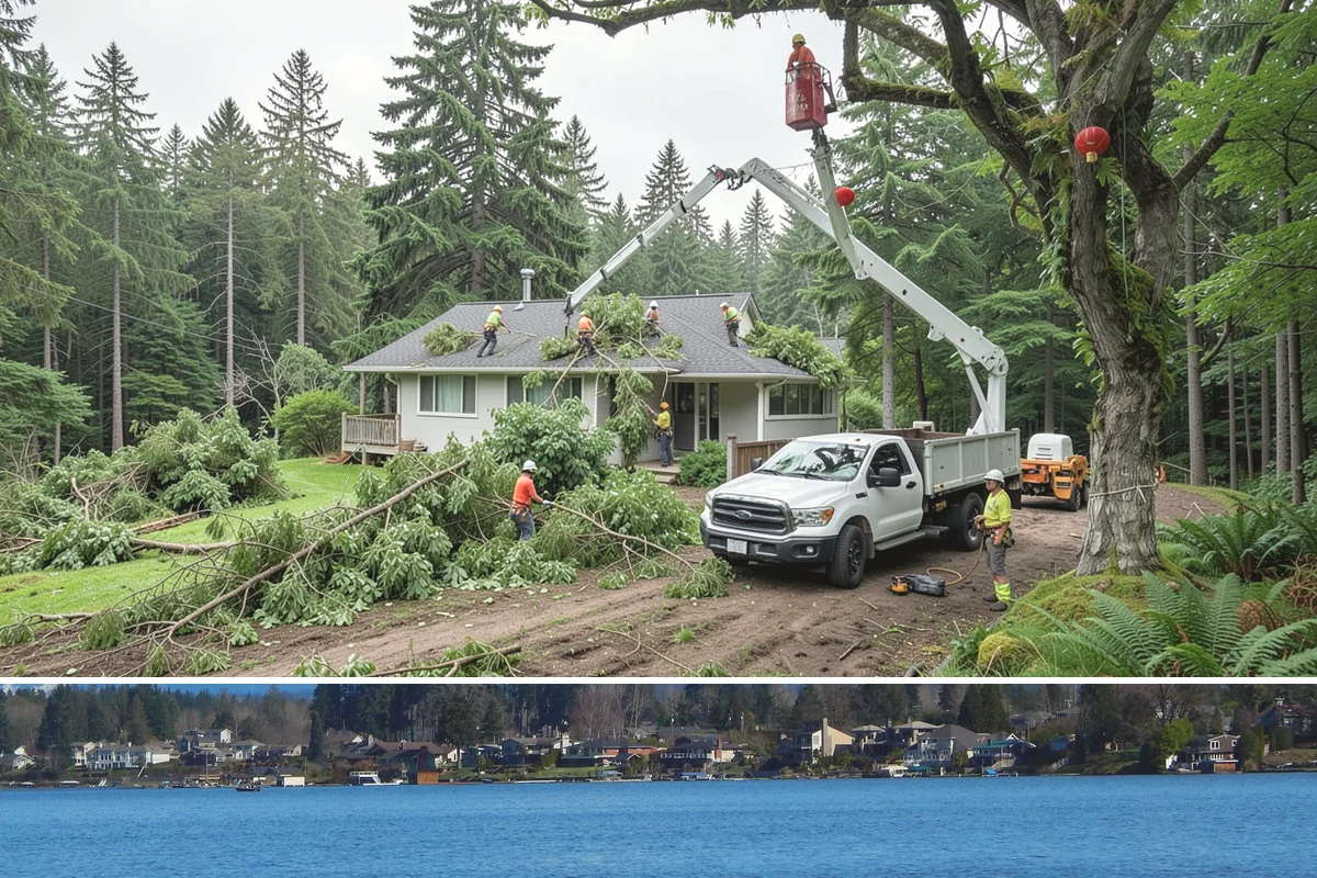 Leaning tree removal in Lake Stevens, Snohomish County, WA - This service can be performed year-round in the Puget Sound climate but requires extra caution during wet seasons when unstable...