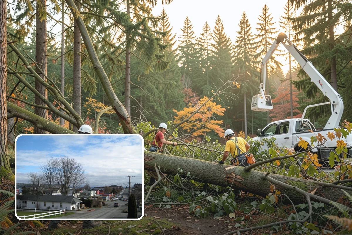 Leaning tree removal in Langley, Island County, WA - Removes safety hazards and reduces liability