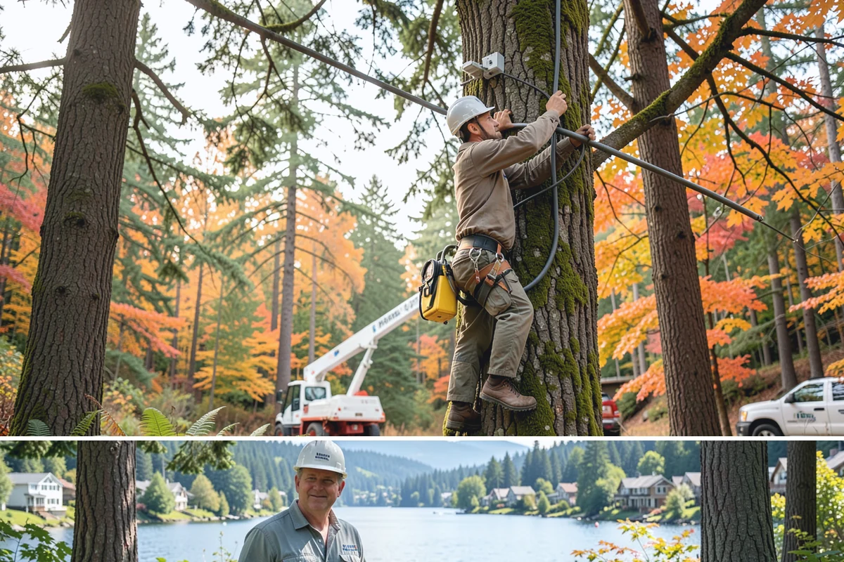 Leaning tree removal in Milton, King County, WA - This service can be performed year-round in the Puget Sound climate but requires extra caution during wet seasons when unstable...