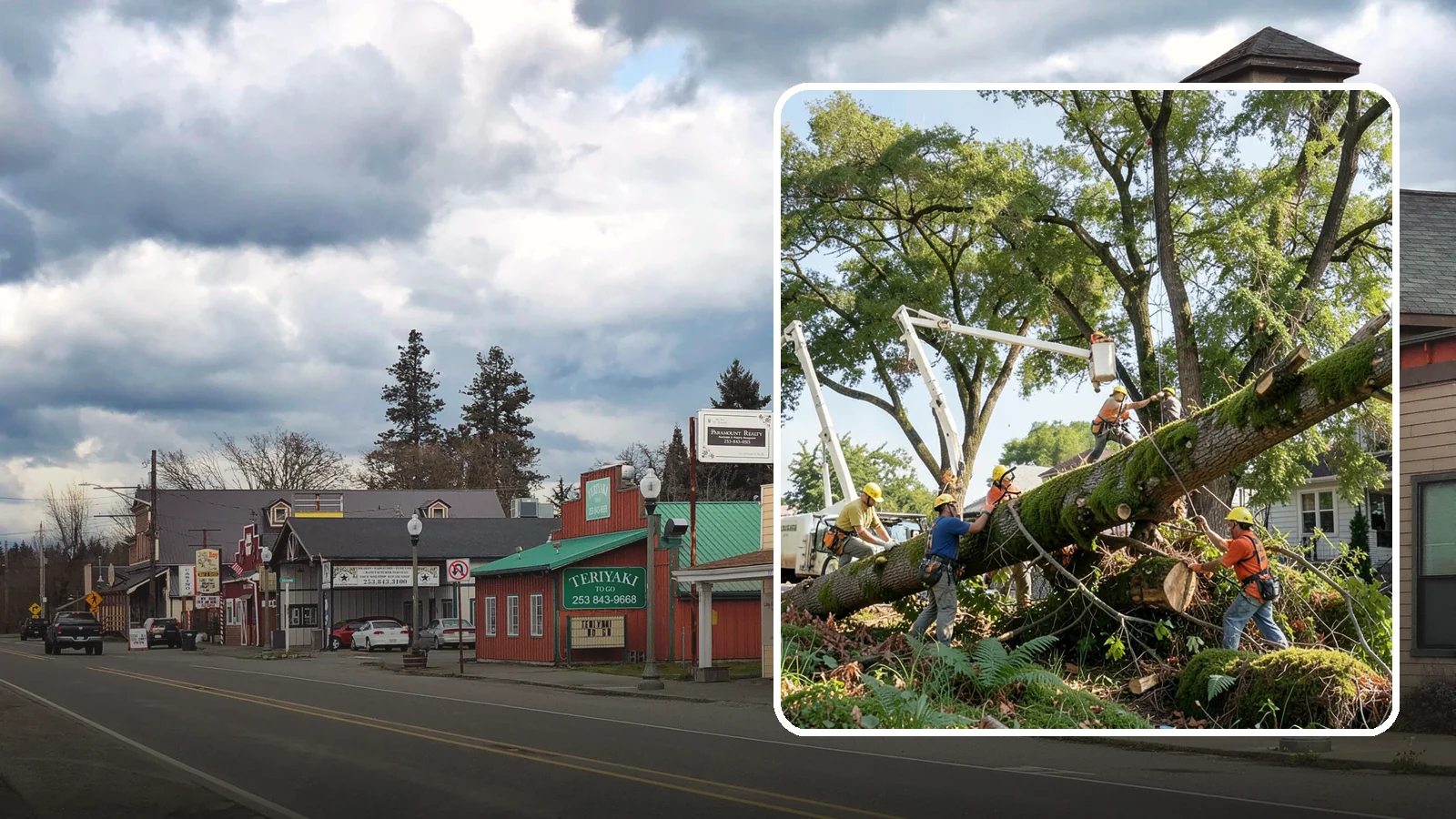 Leaning tree removal in Roy, Pierce County, WA - The removal of trees with a pronounced or unstable lean.