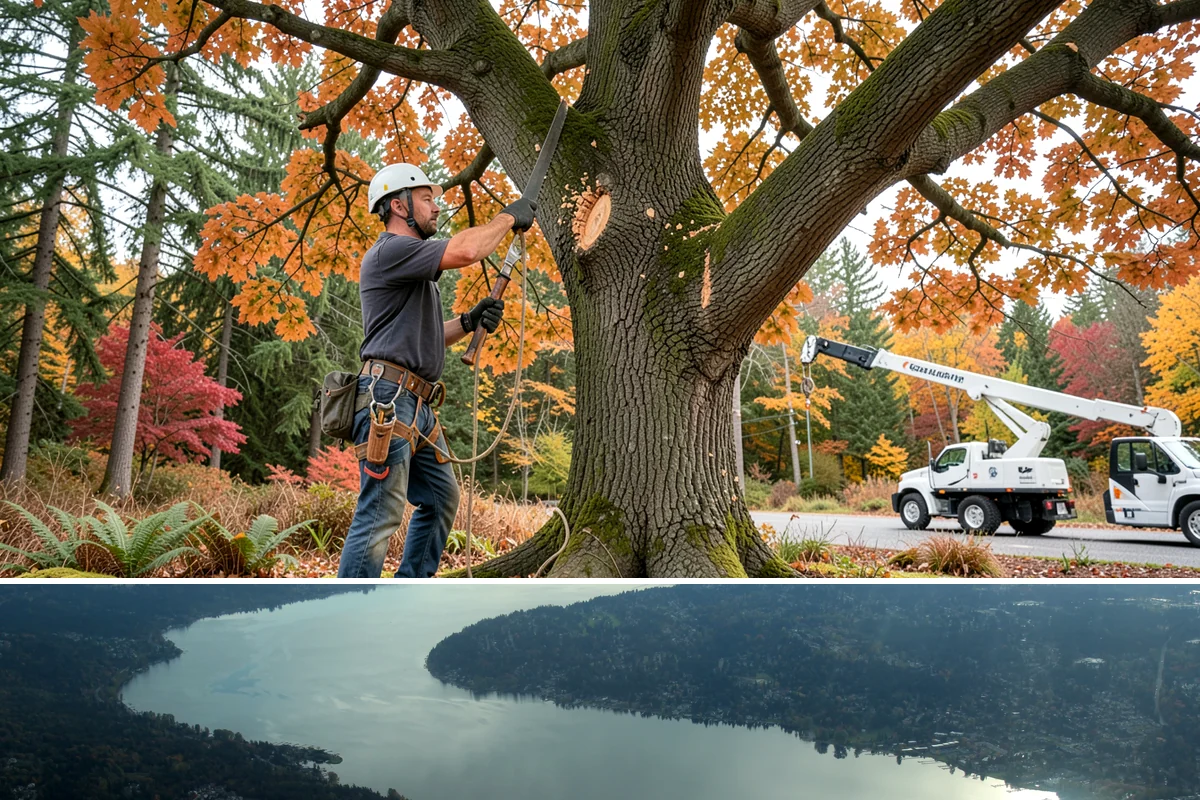 Leaning tree removal in Sammamish, King County, WA - This service can be performed year-round in the Puget Sound climate but requires extra caution during wet seasons when unstable...