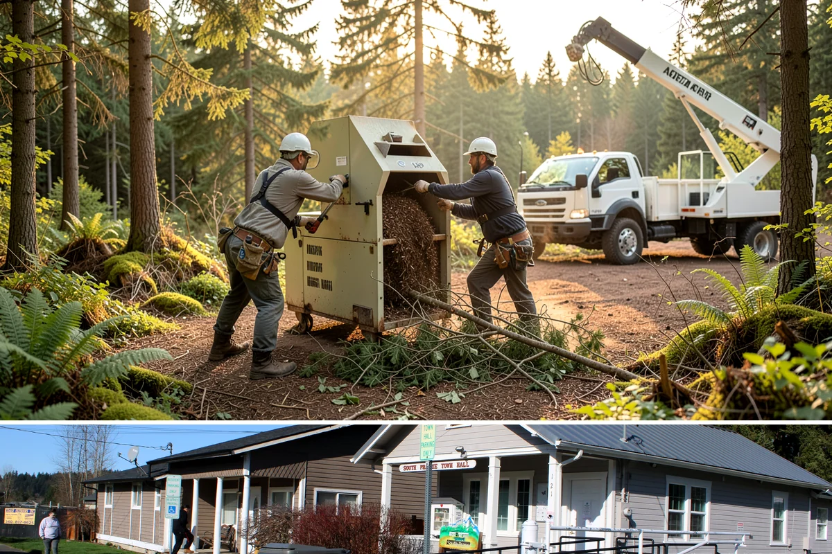 Leaning tree removal in South Prairie, Pierce County, WA - This service can be performed year-round in the Puget Sound climate but requires extra caution during wet seasons when unstable...