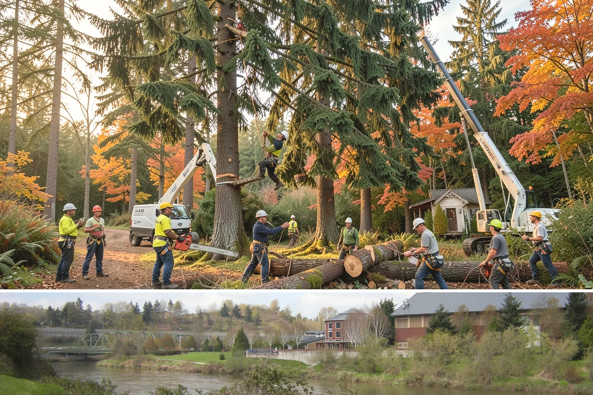 Leaning tree removal in Tukwila, King County, WA - This service can be performed year-round in the Puget Sound climate but requires extra caution during wet seasons when unstable...