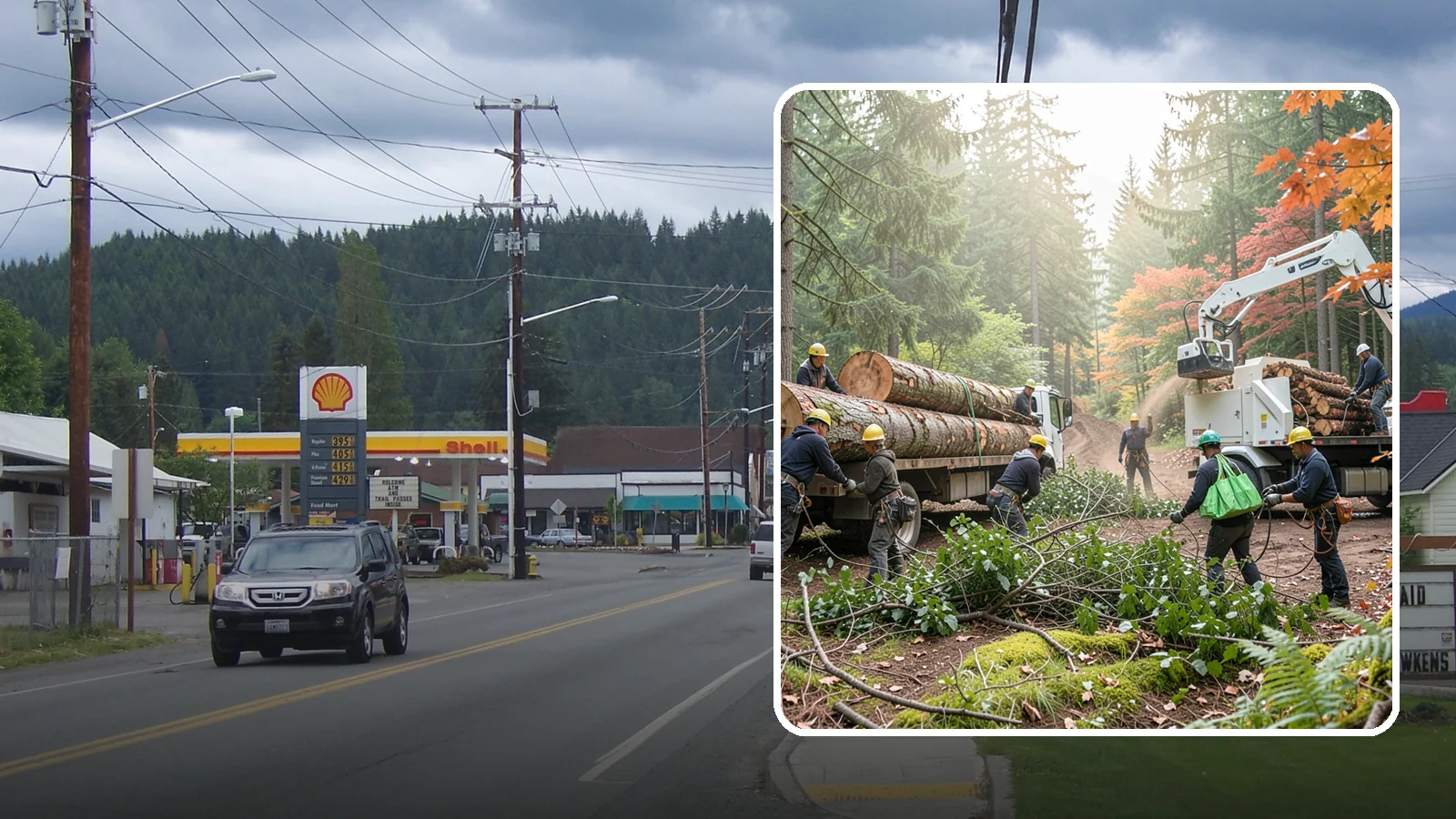 Log hauling in Granite Falls, Snohomish County, WA - The loading and hauling of logs off-site.