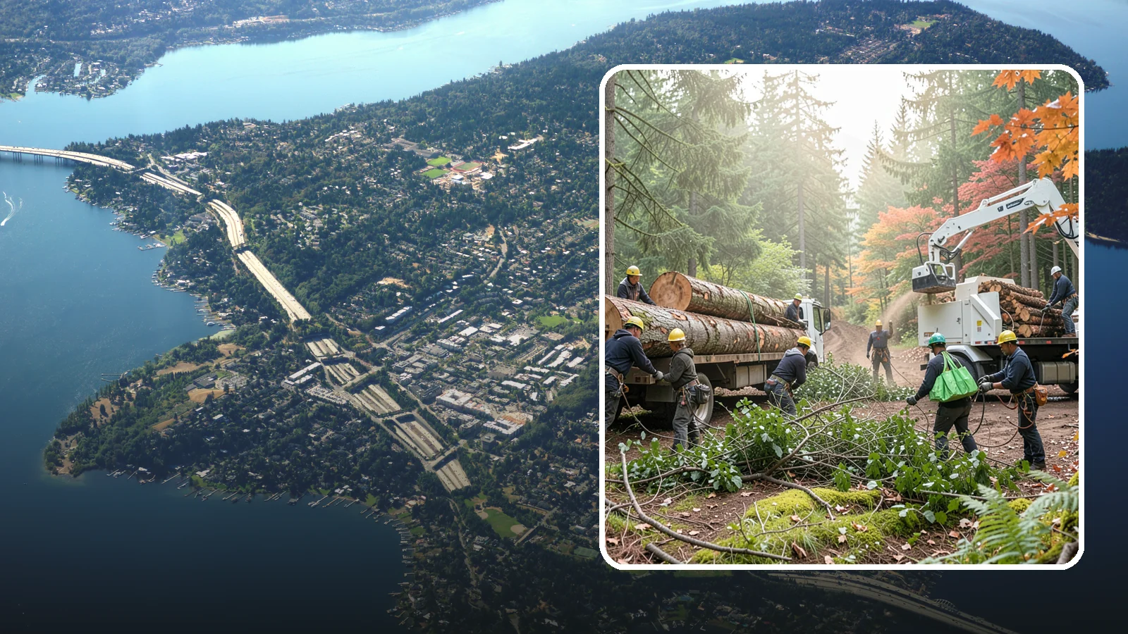 Log hauling in Mercer Island, King County, WA - The loading and hauling of logs off-site.