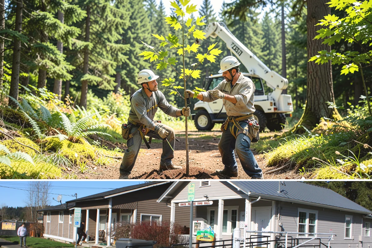 Log hauling in South Prairie, Pierce County, WA - Service timing depends on seasonal moisture levels that impact wood drying rates for milling or chipping, with operations adapted...