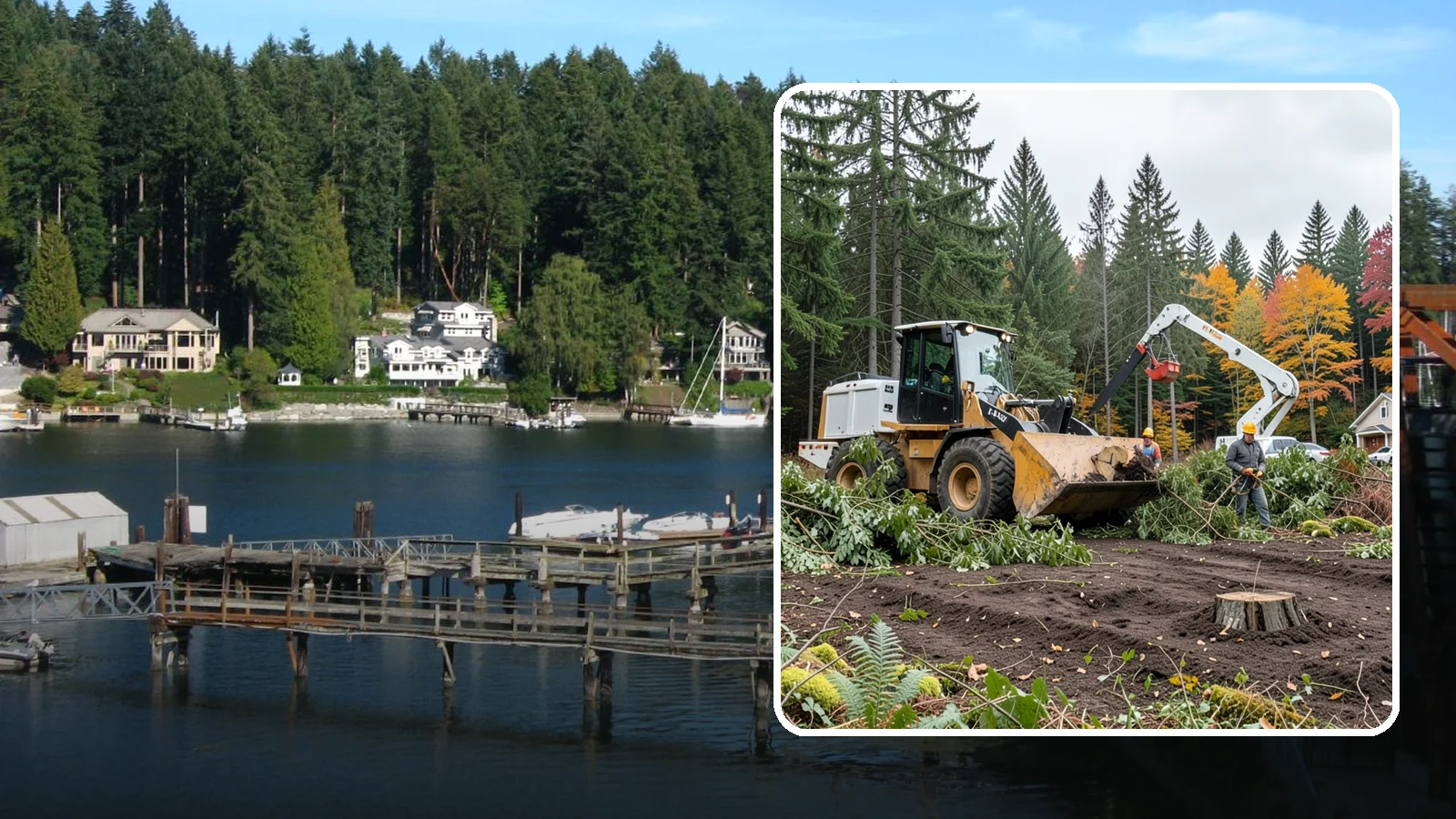 Lot clearing in Gig Harbor, Pierce County, WA - The clearing of vegetation from a parcel of land.