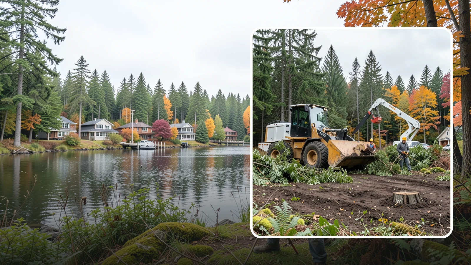 Lot clearing in La Conner, Skagit County, WA - The clearing of vegetation from a parcel of land.