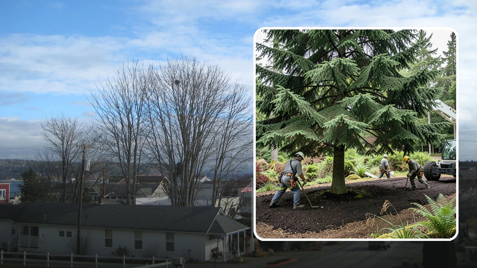 Mulching in Langley, Island County, WA - The application of mulch over the root zone.