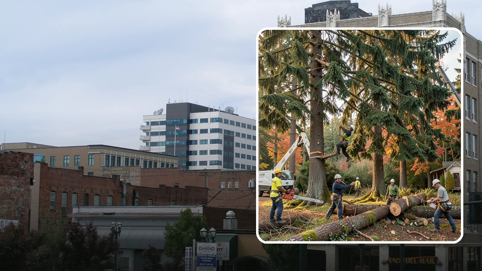 Multi-tree removal in Everett, Snohomish County, WA - The coordinated removal of several trees in a single project.