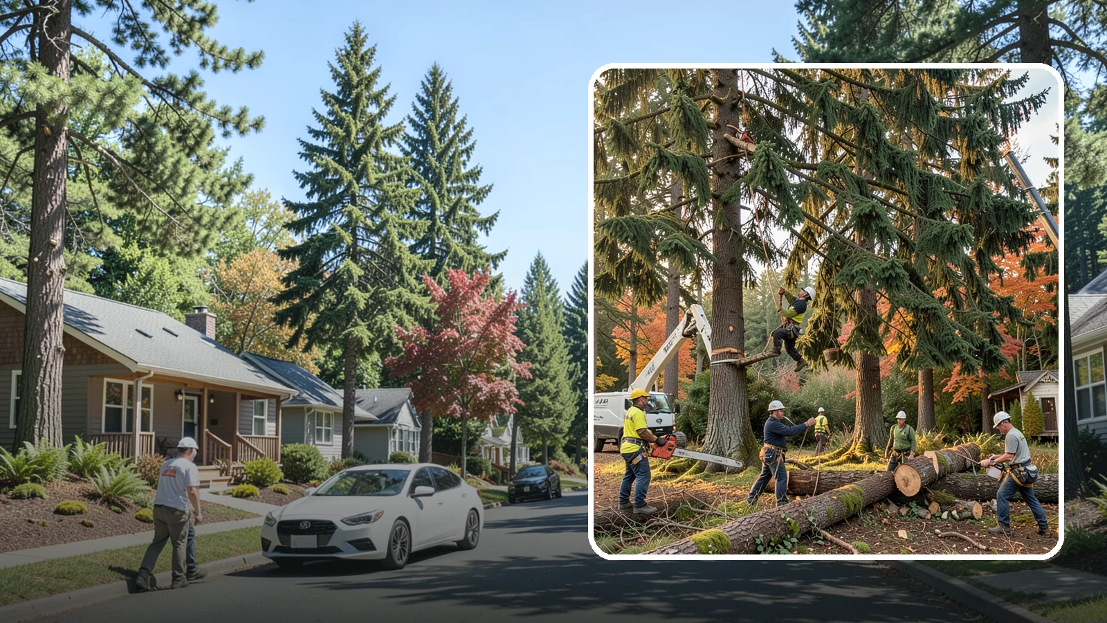 Multi-tree removal in Orting, Pierce County, WA - The coordinated removal of several trees in a single project.