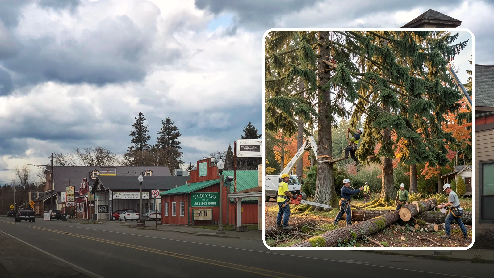 Multi-tree removal in Roy, Pierce County, WA - The coordinated removal of several trees in a single project.