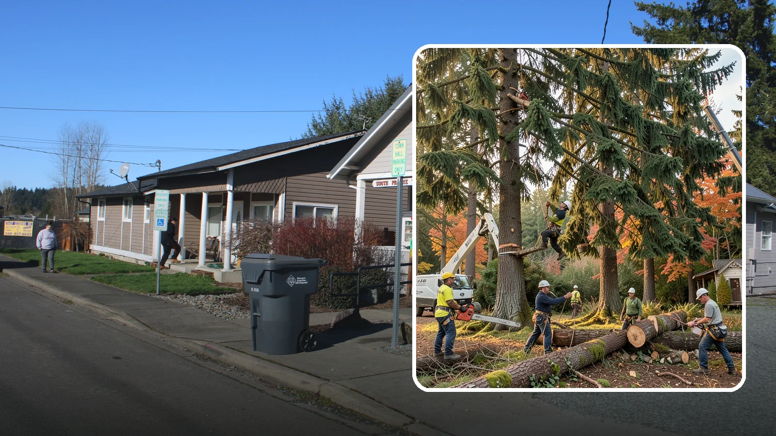 Multi-tree removal in South Prairie, Pierce County, WA - The coordinated removal of several trees in a single project.