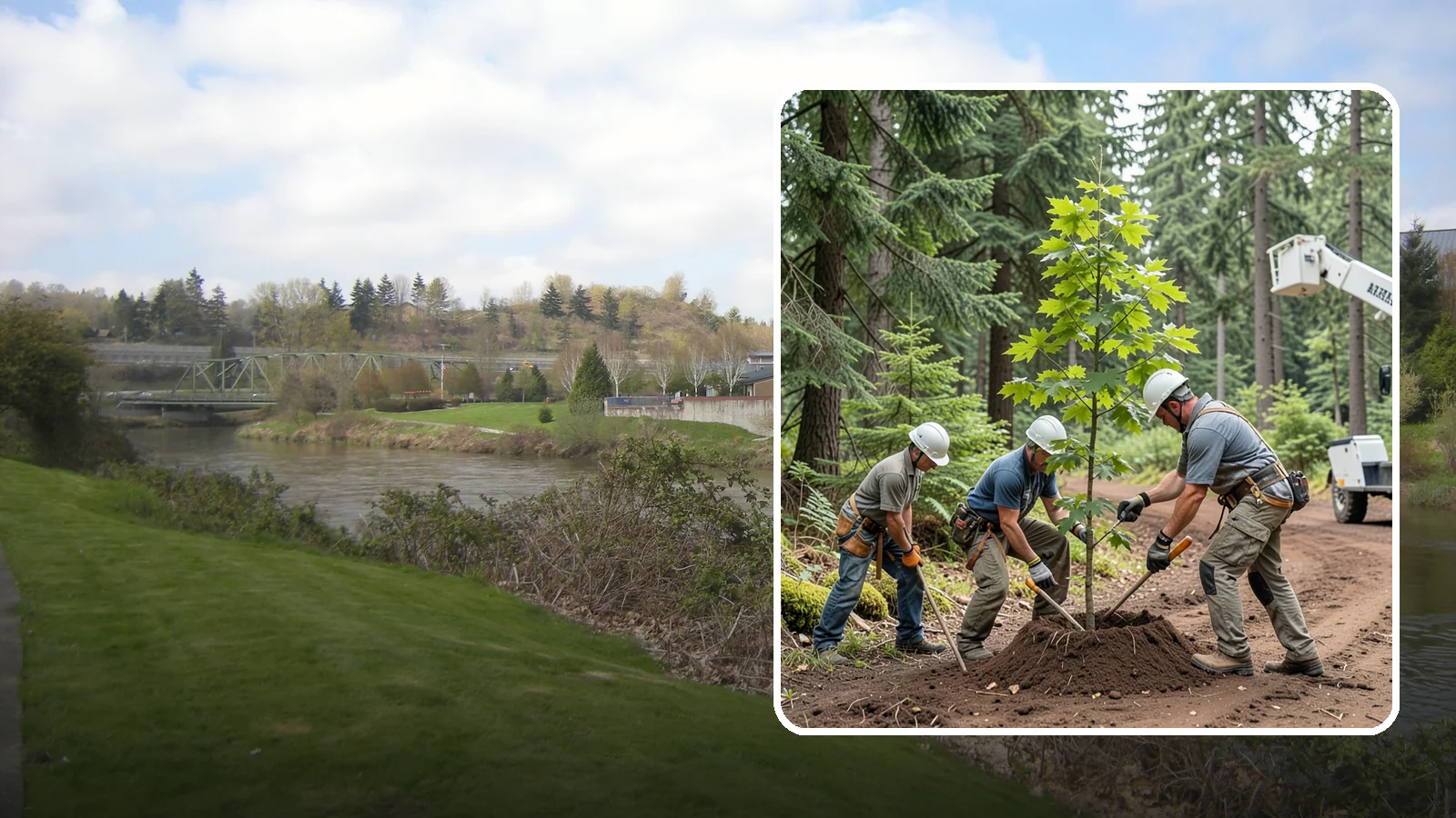 Reforestation planting in Tukwila, King County, WA - Larger-scale planting to re-establish tree cover.