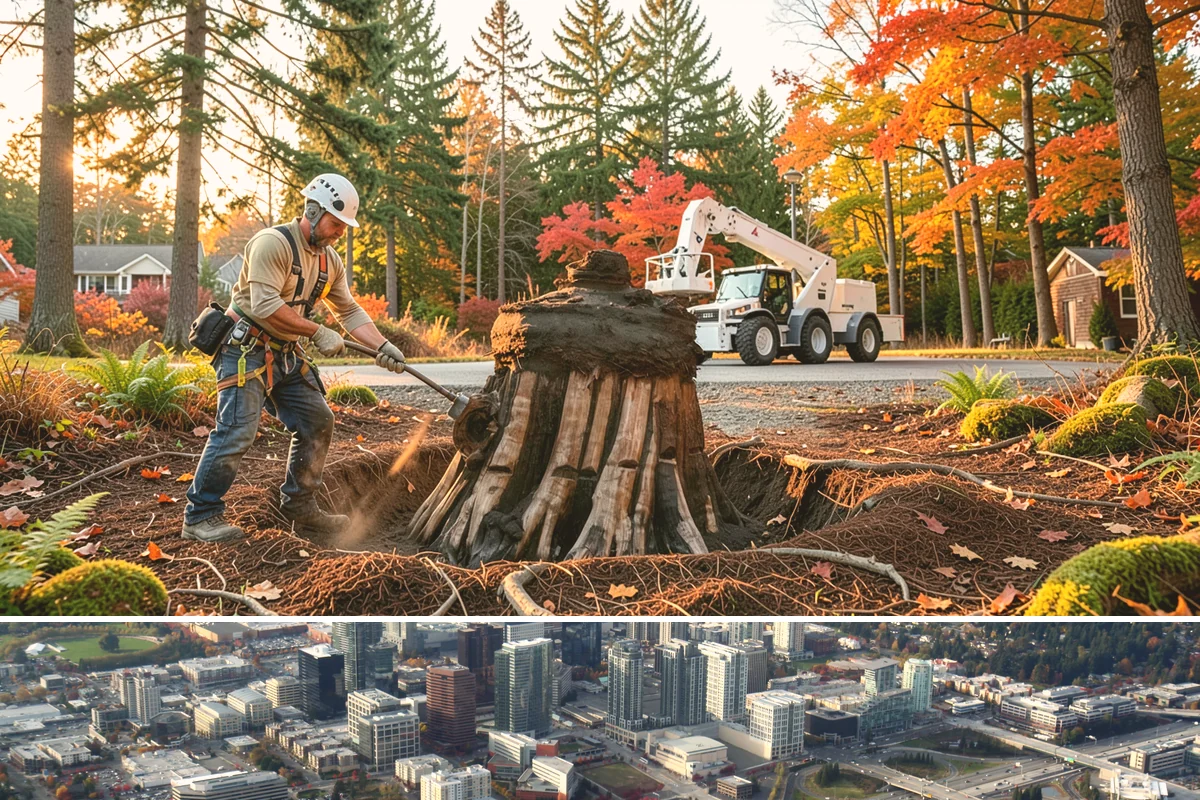 Right-of-way clearing in Bellevue, King County, WA - This work can be performed year-round in Puget Sound but requires specific methods for wet or frozen ground common during winter.