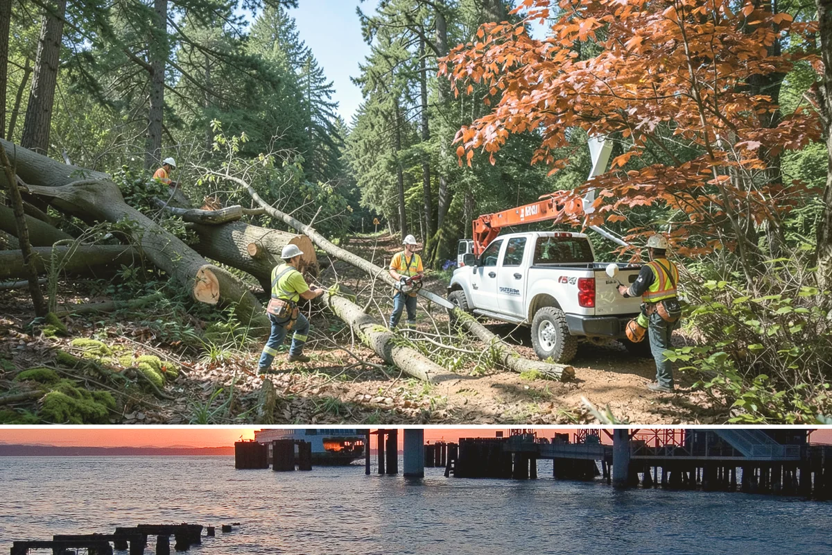 Right-of-way clearing in Edmonds, Snohomish County, WA - This work can be performed year-round in Puget Sound but requires specific methods for wet or frozen ground common during winter.