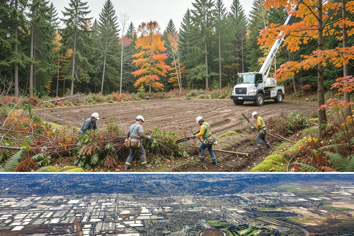 Right-of-way clearing in Kent, King County, WA - This work can be performed year-round in Puget Sound but requires specific methods for wet or frozen ground common during winter.
