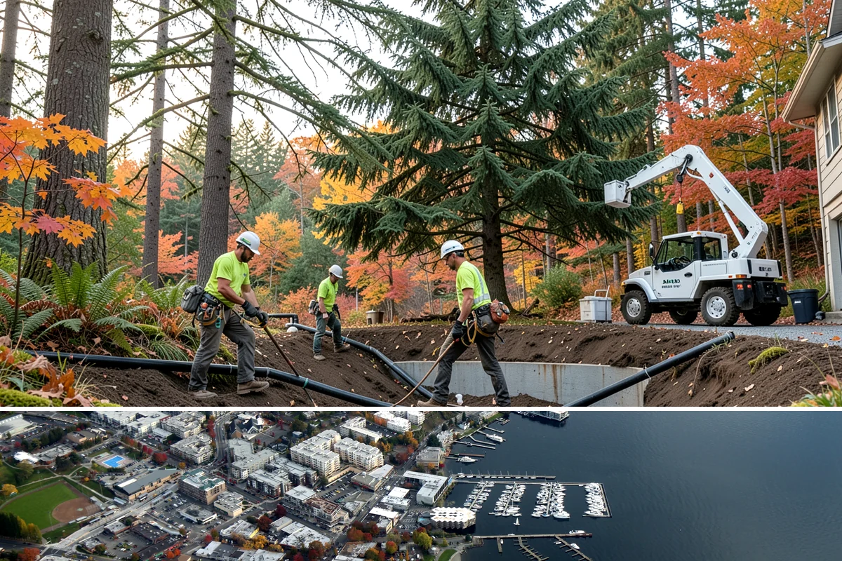 Right-of-way clearing in Kirkland, King County, WA - This work can be performed year-round in Puget Sound but requires specific methods for wet or frozen ground common during winter.