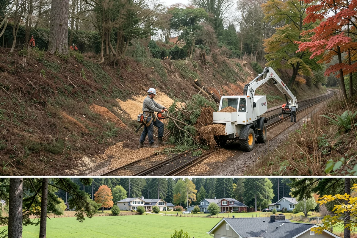 Right-of-way clearing in Lyman, Skagit County, WA - This work can be performed year-round in Puget Sound but requires specific methods for wet or frozen ground common during winter.
