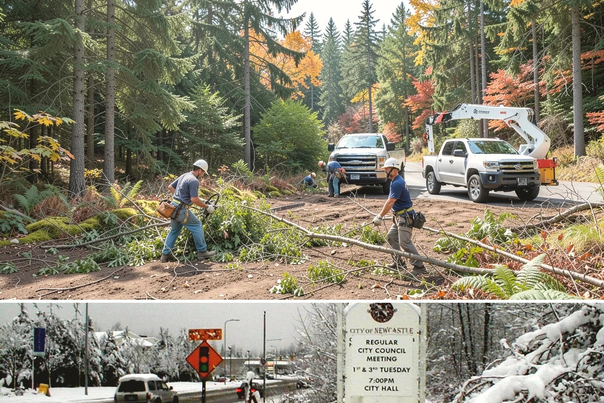 Right-of-way clearing in Newcastle, King County, WA - This work can be performed year-round in Puget Sound but requires specific methods for wet or frozen ground common during winter.