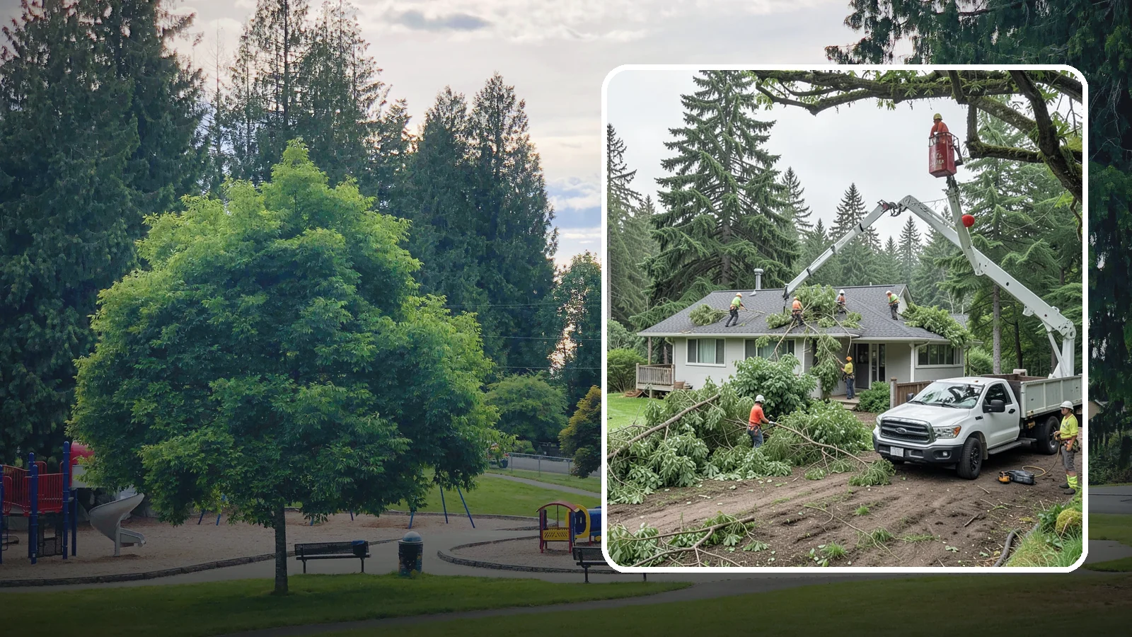 Roof clearance pruning in Bonney Lake, Pierce County, WA - The pruning of branches away from rooflines.