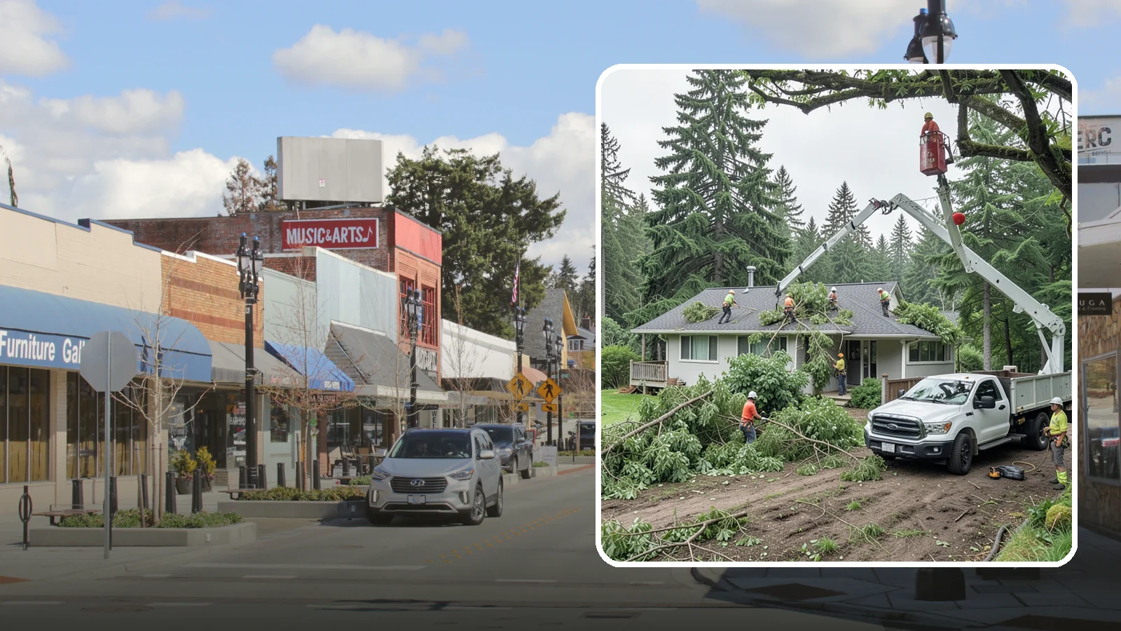 Roof clearance pruning in Bothell, King County, WA - The pruning of branches away from rooflines.