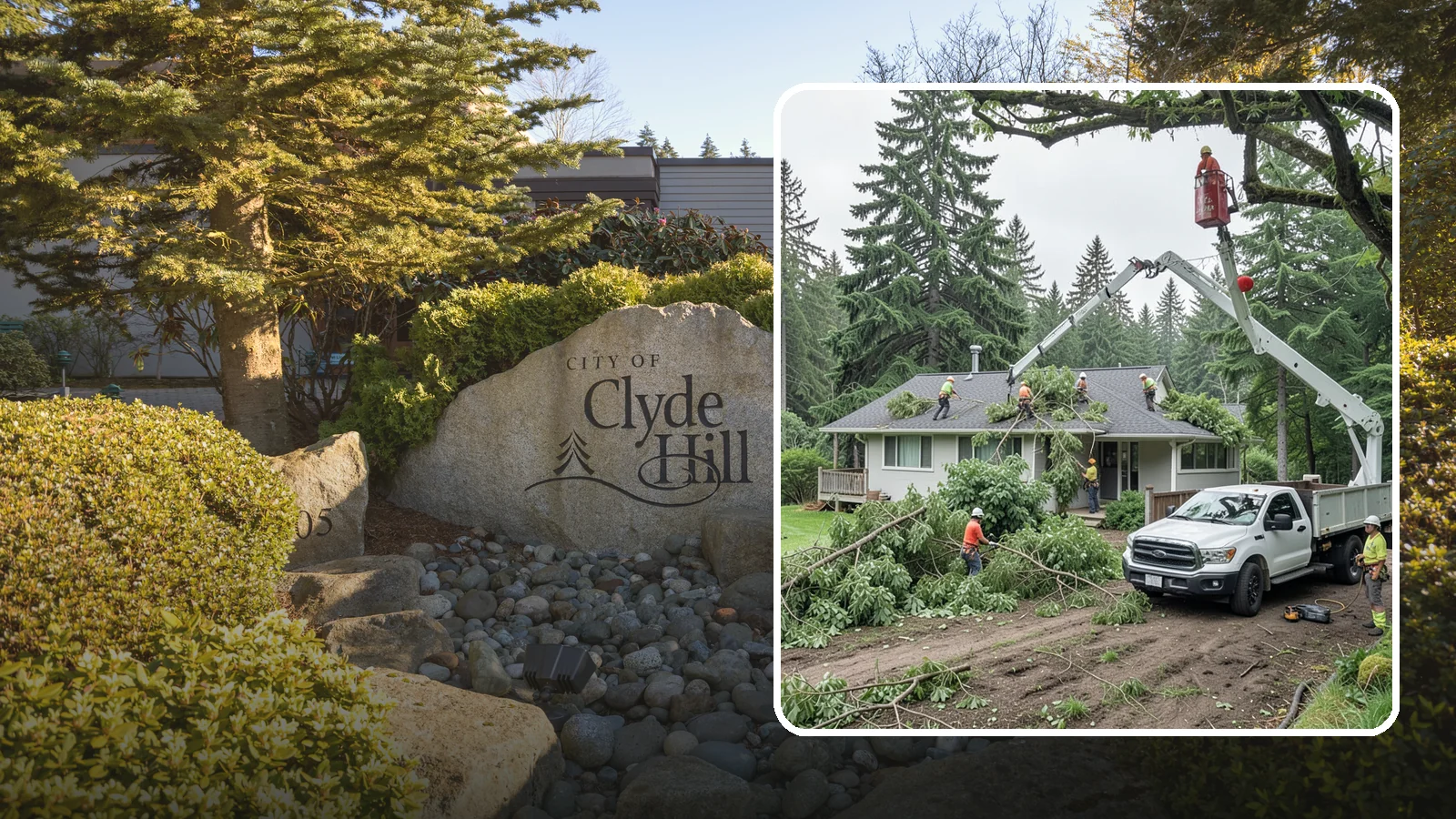 Roof clearance pruning in Clyde Hill, King County, WA - The pruning of branches away from rooflines.