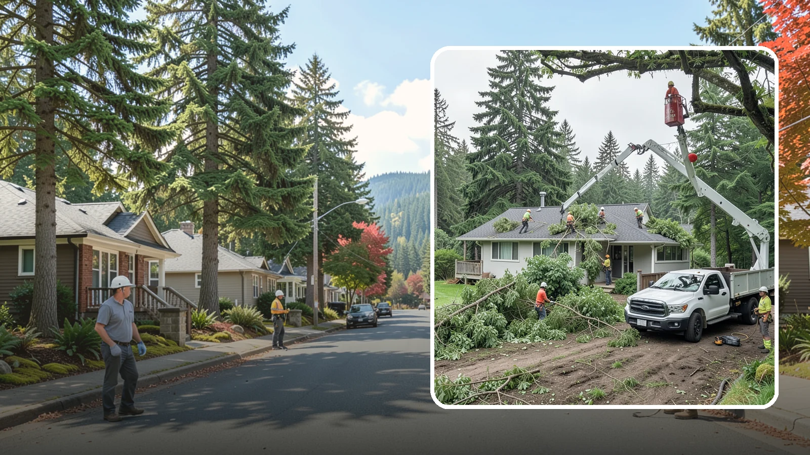 Roof clearance pruning in Hunts Point, King County, WA - The pruning of branches away from rooflines.
