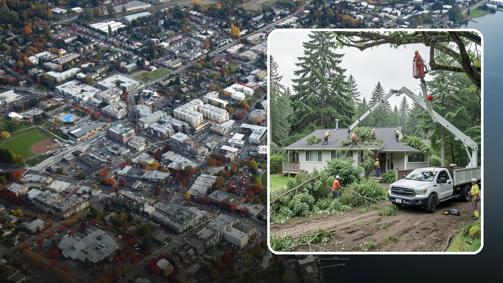 Roof clearance pruning in Kirkland, King County, WA - The pruning of branches away from rooflines.