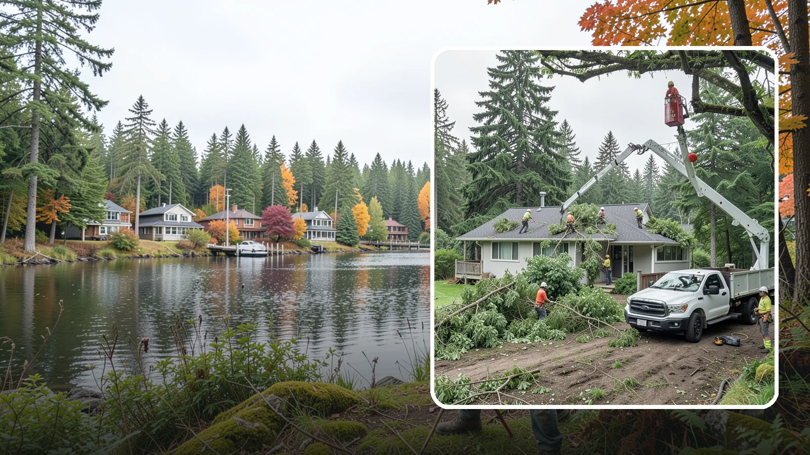 Roof clearance pruning in La Conner, Skagit County, WA - The pruning of branches away from rooflines.