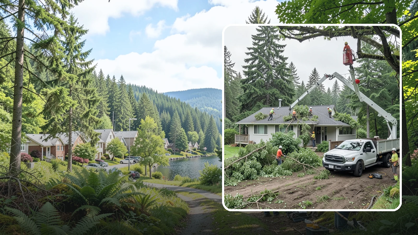 Roof clearance pruning in Lake Forest Park, King County, WA - The pruning of branches away from rooflines.