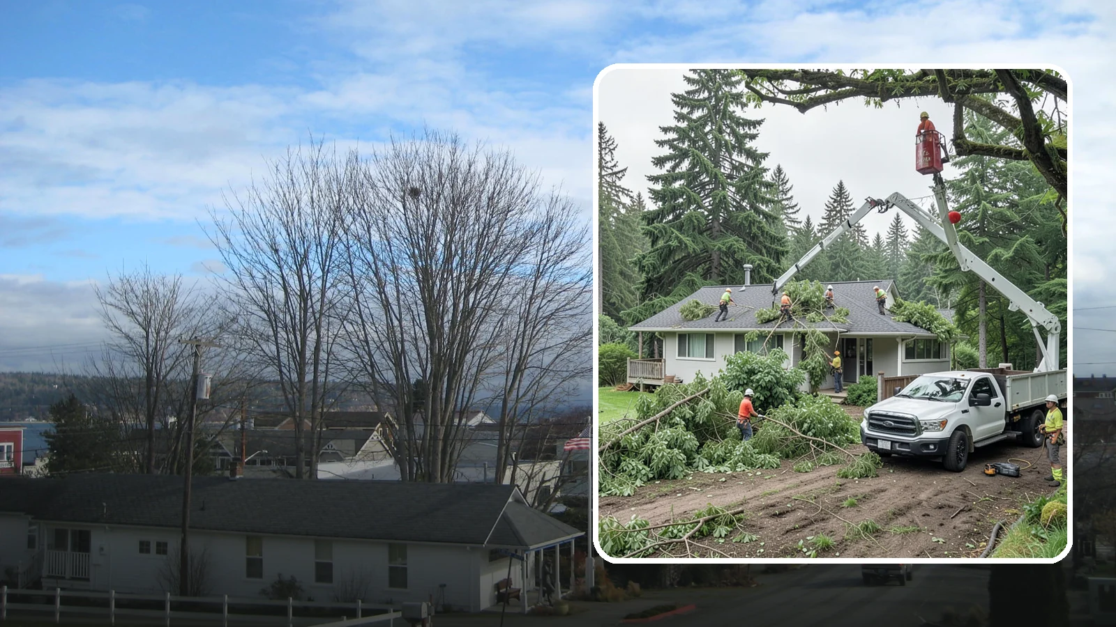 Roof clearance pruning in Langley, Island County, WA - The pruning of branches away from rooflines.