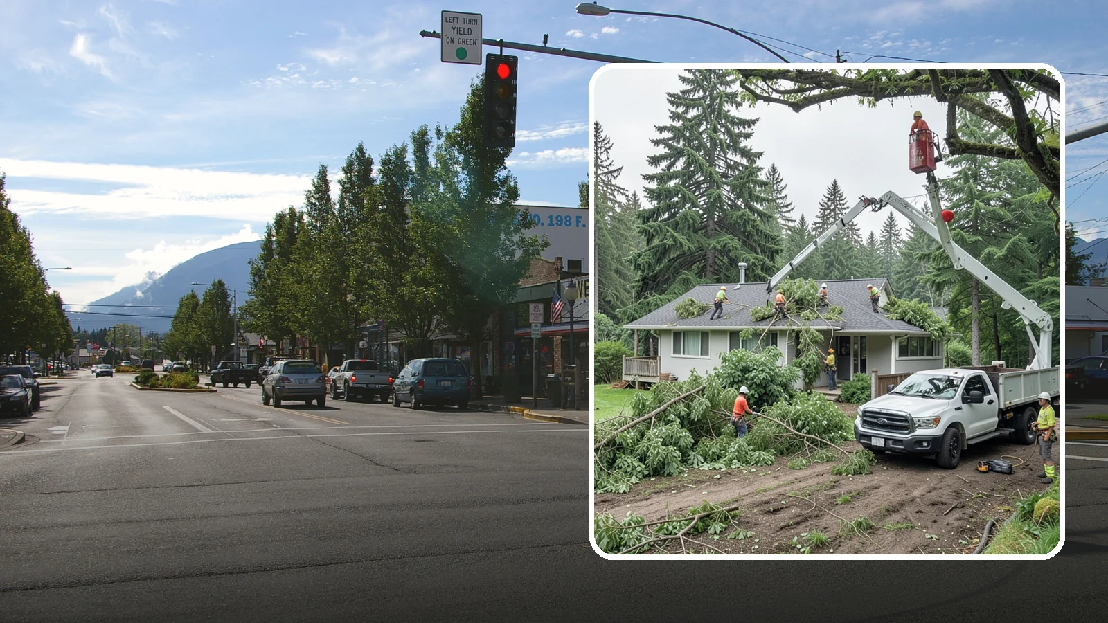 Roof clearance pruning in North Bend, King County, WA - The pruning of branches away from rooflines.