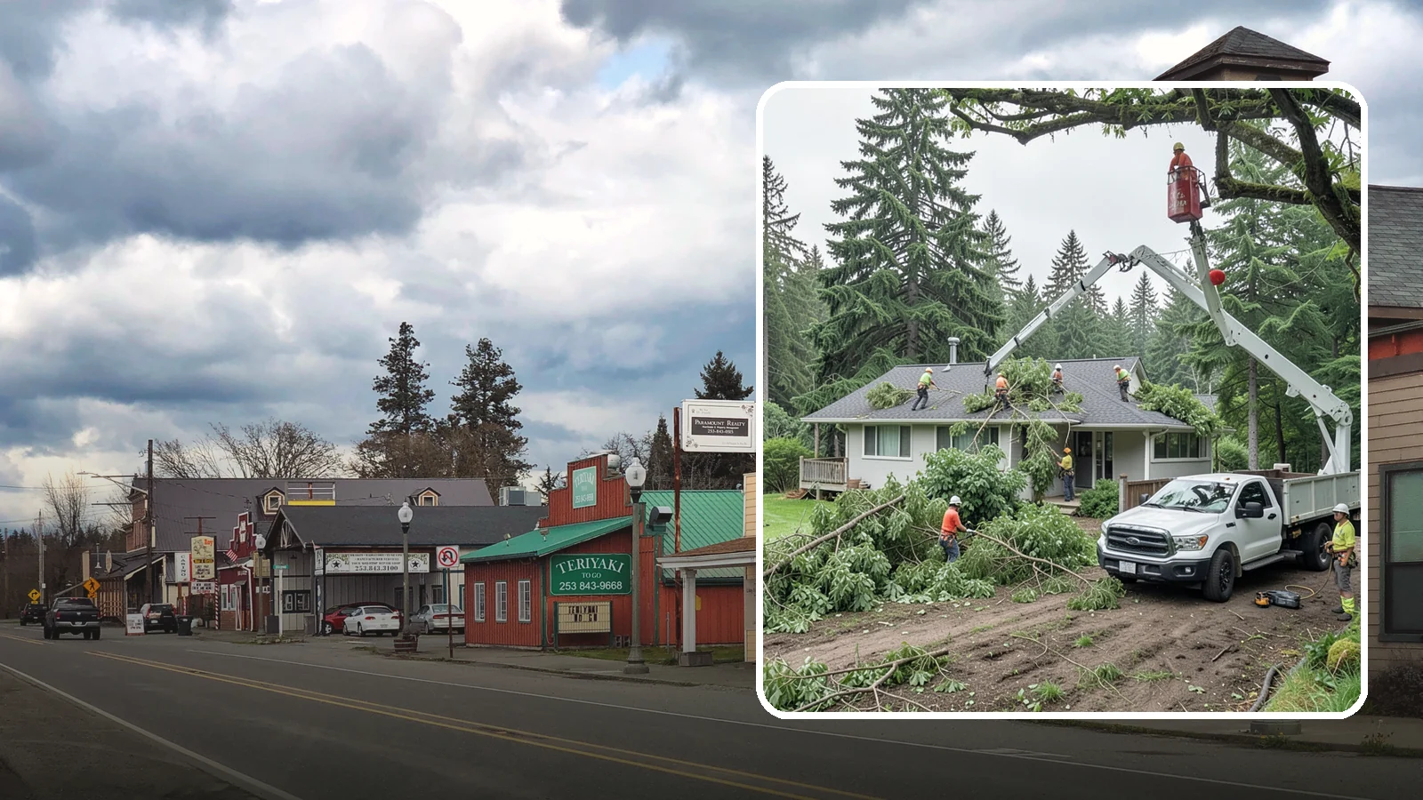 Roof clearance pruning in Roy, Pierce County, WA - The pruning of branches away from rooflines.