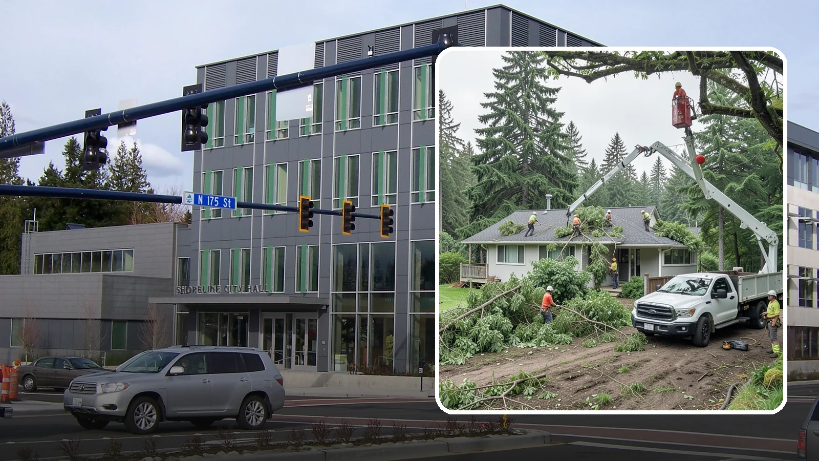 Roof clearance pruning in Shoreline, King County, WA - The pruning of branches away from rooflines.