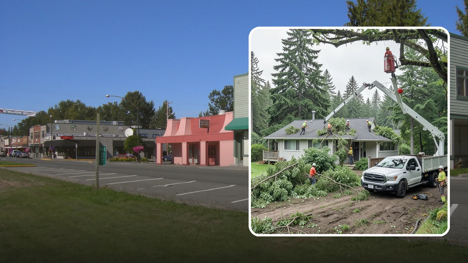 Roof clearance pruning in Snoqualmie, King County, WA - The pruning of branches away from rooflines.