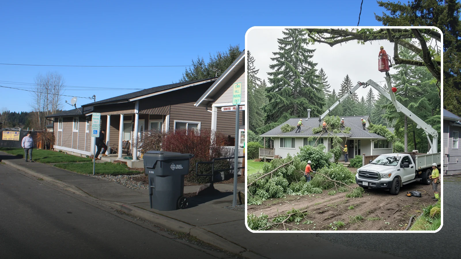 Roof clearance pruning in South Prairie, Pierce County, WA - The pruning of branches away from rooflines.