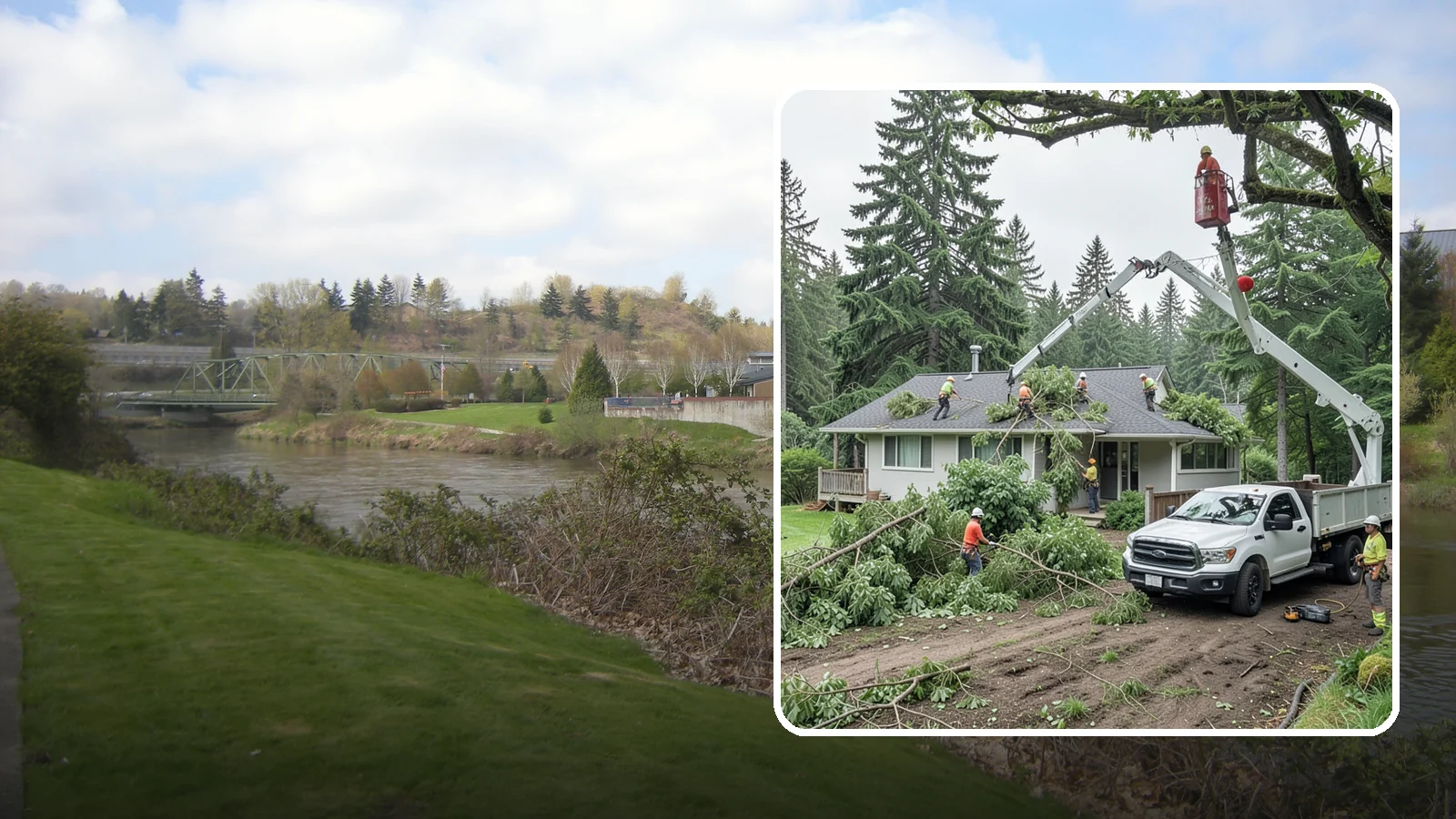 Roof clearance pruning in Tukwila, King County, WA - The pruning of branches away from rooflines.