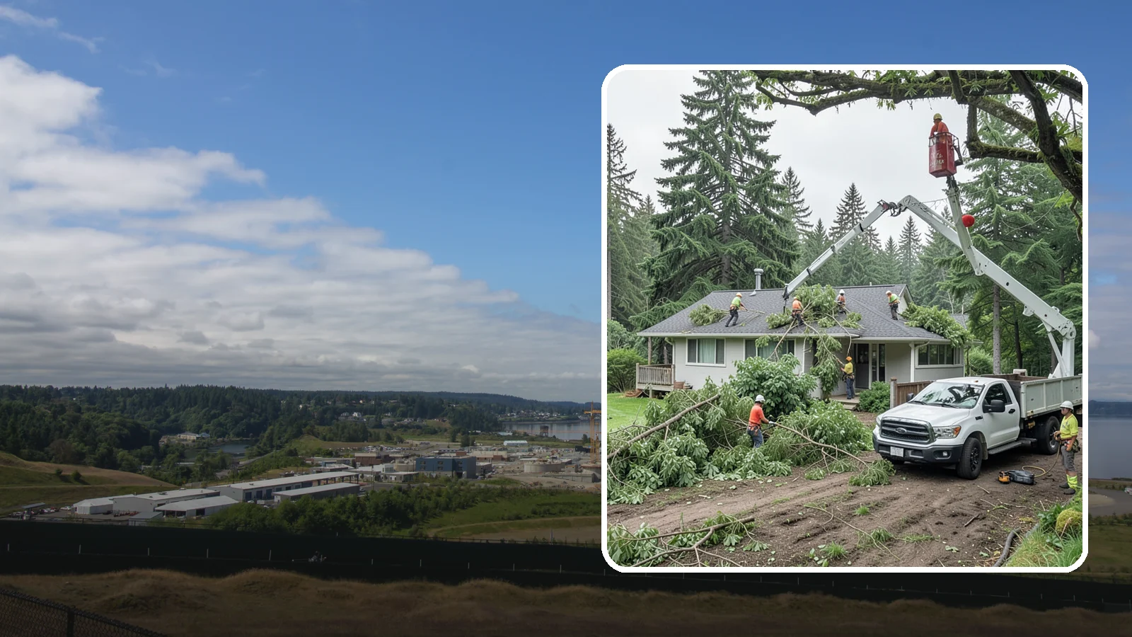 Roof clearance pruning in University Place, Pierce County, WA - The pruning of branches away from rooflines.