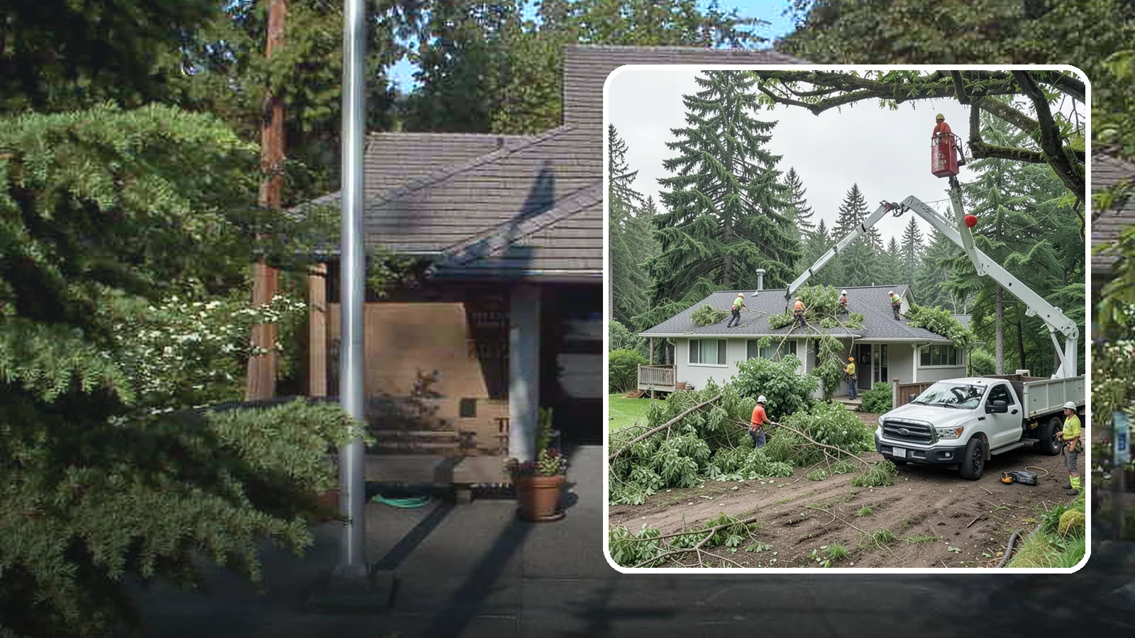 Roof clearance pruning in Yarrow Point, King County, WA - The pruning of branches away from rooflines.