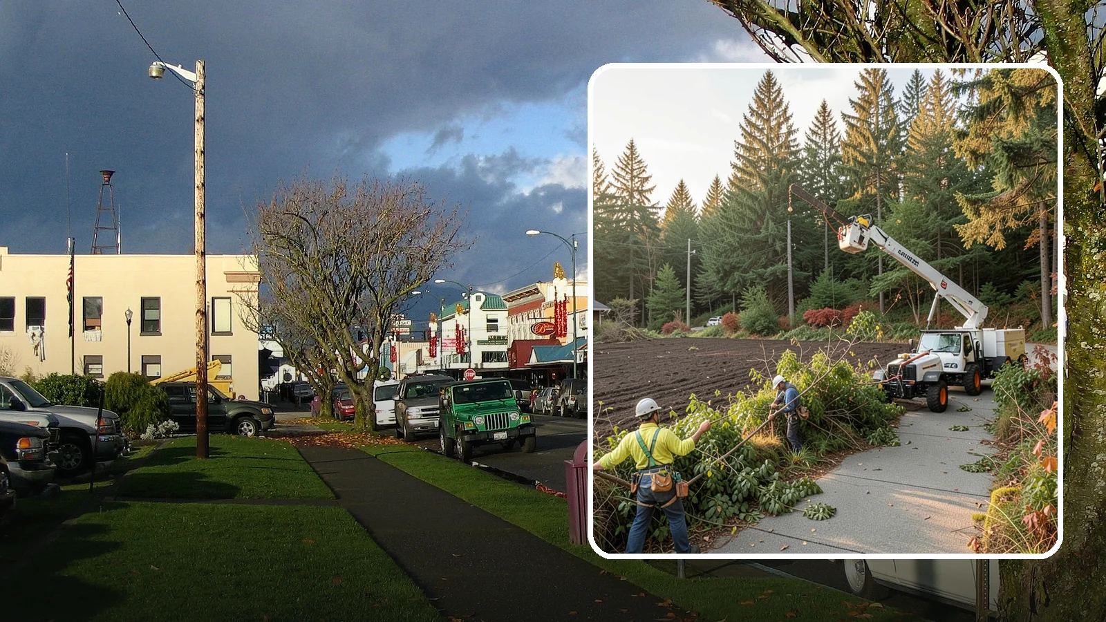 Sidewalk clearance pruning in Arlington, Snohomish County, WA - Pruning to provide clearance over walkways.