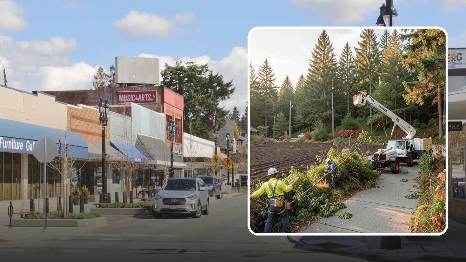 Sidewalk clearance pruning in Bothell, King County, WA - Pruning to provide clearance over walkways.
