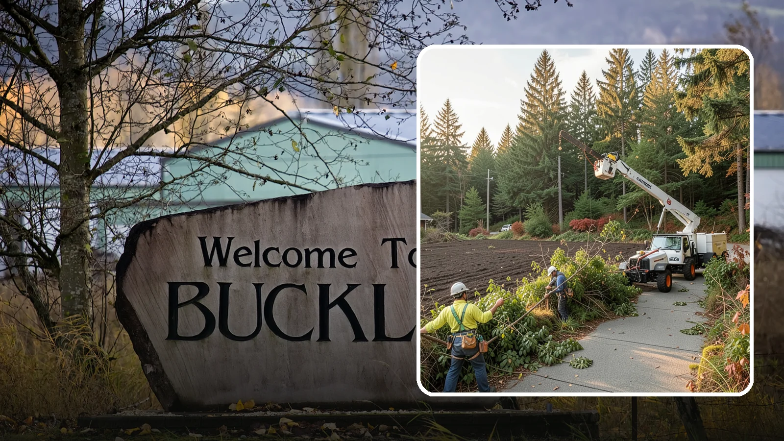 Sidewalk clearance pruning in Buckley, Pierce County, WA - Pruning to provide clearance over walkways.