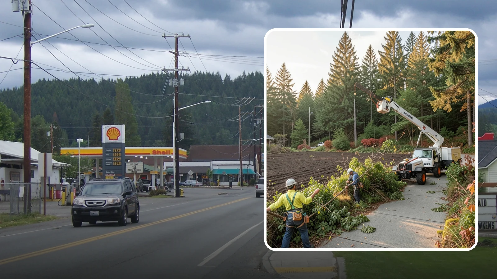 Sidewalk clearance pruning in Granite Falls, Snohomish County, WA - Pruning to provide clearance over walkways.