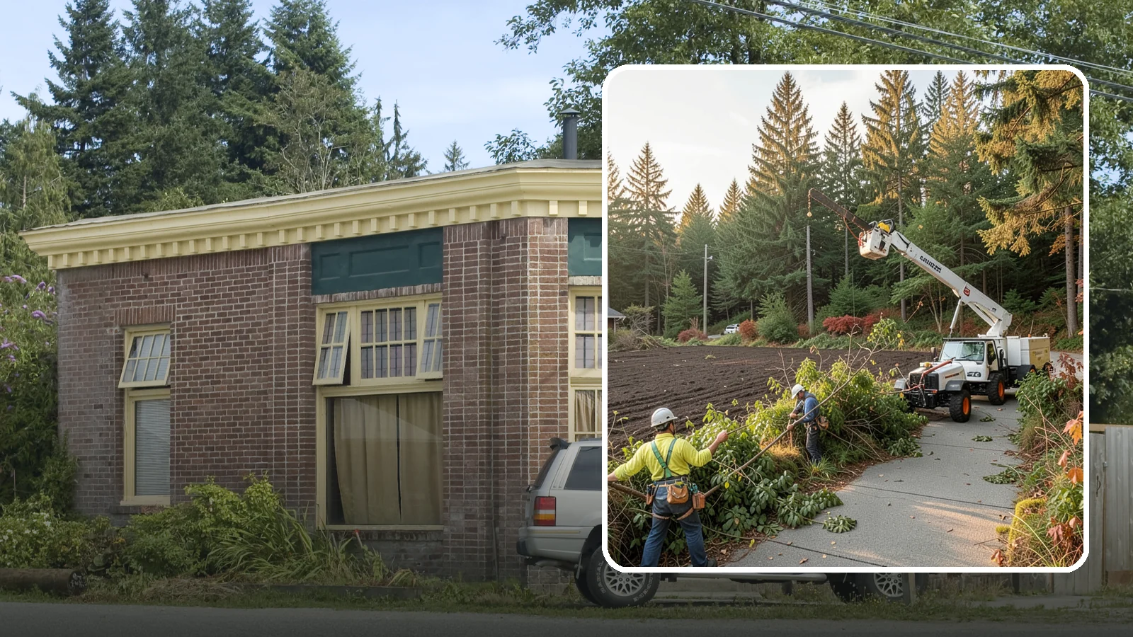 Sidewalk clearance pruning in Hamilton, Skagit County, WA - Pruning to provide clearance over walkways.