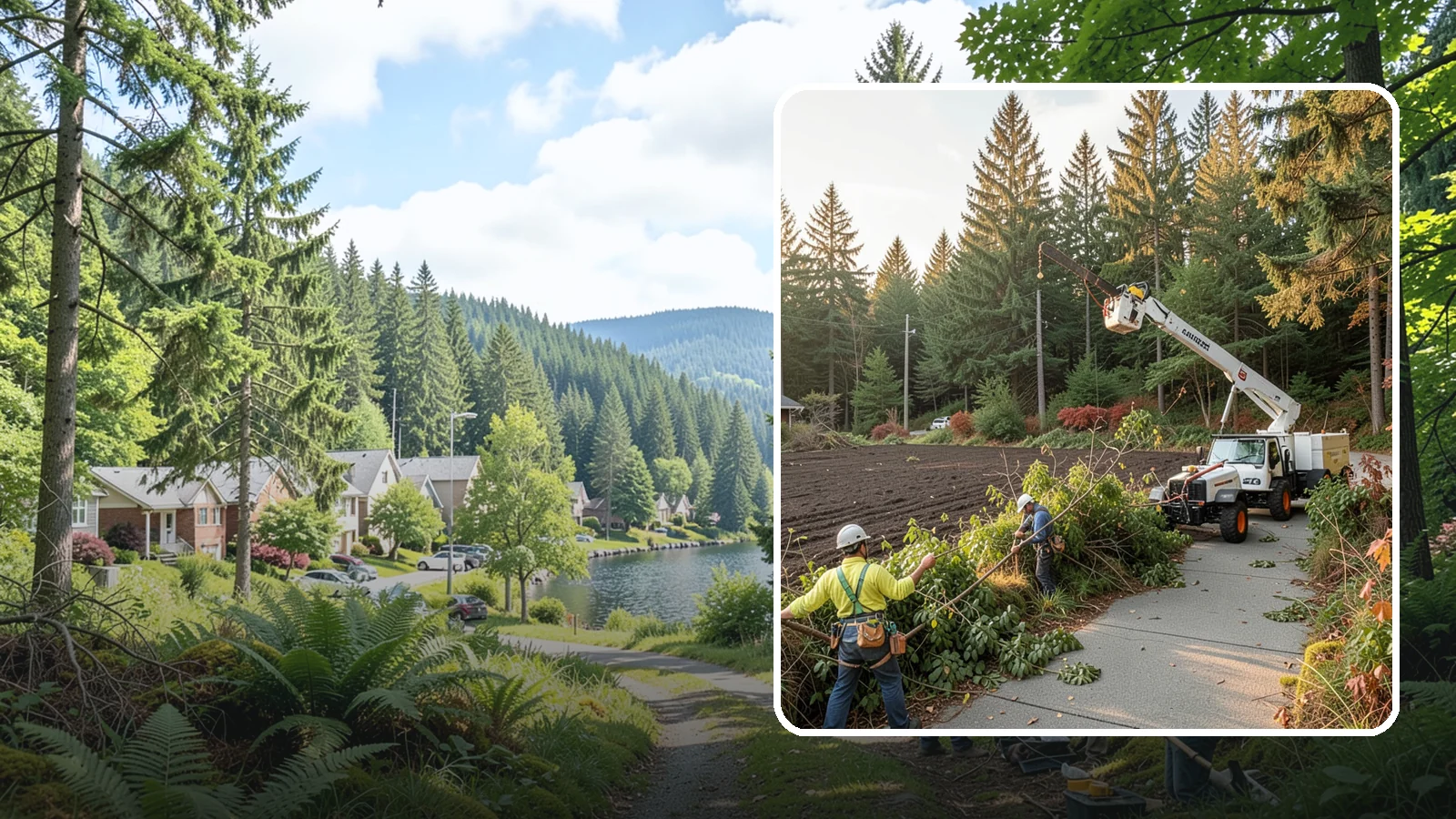 Sidewalk clearance pruning in Lake Forest Park, King County, WA - Pruning to provide clearance over walkways.