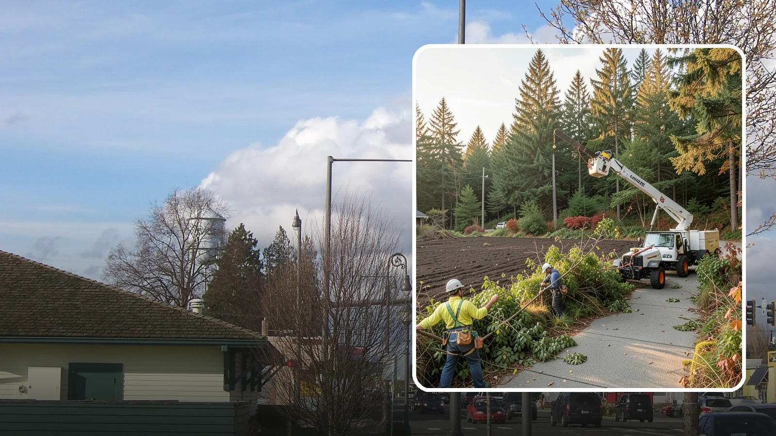 Sidewalk clearance pruning in Marysville, Snohomish County, WA - Pruning to provide clearance over walkways.