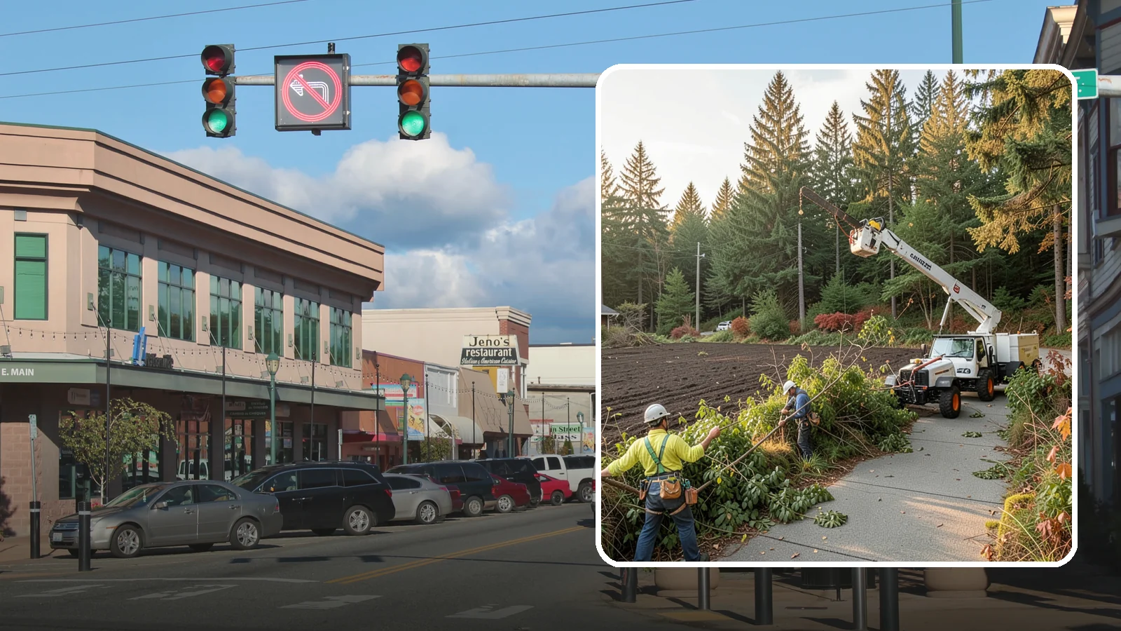 Sidewalk clearance pruning in Monroe, Snohomish County, WA - Pruning to provide clearance over walkways.