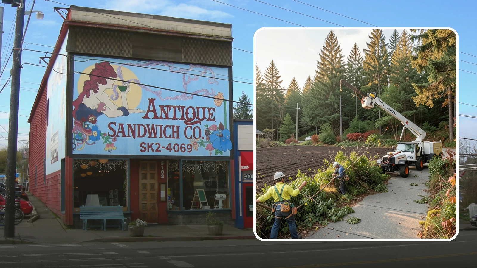 Sidewalk clearance pruning in Ruston, Pierce County, WA - Pruning to provide clearance over walkways.