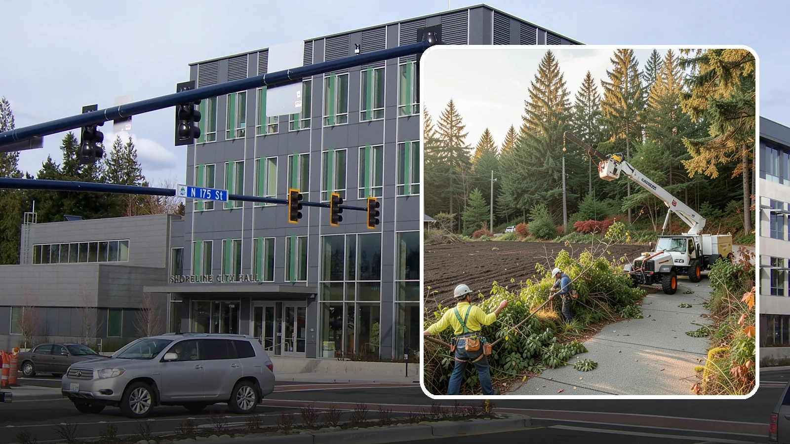 Sidewalk clearance pruning in Shoreline, King County, WA - Pruning to provide clearance over walkways.